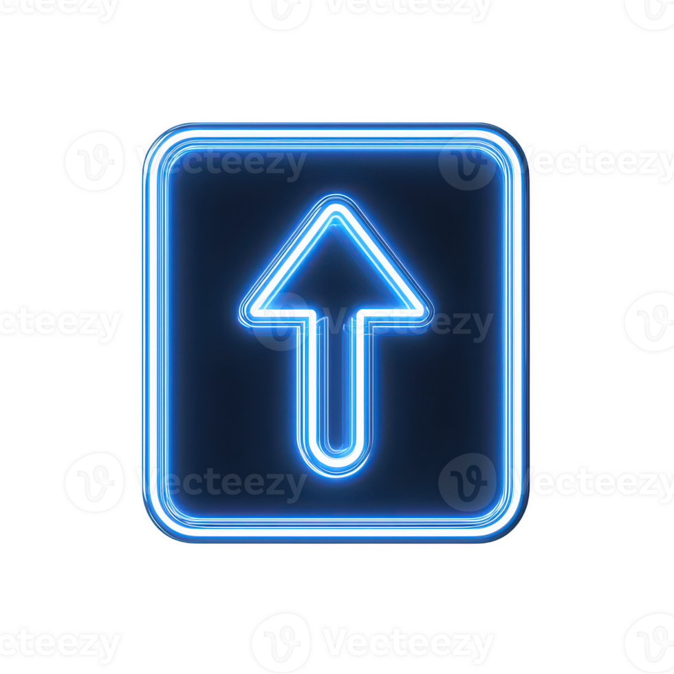 Illuminated blue neon upload arrow sign on a dark background. png