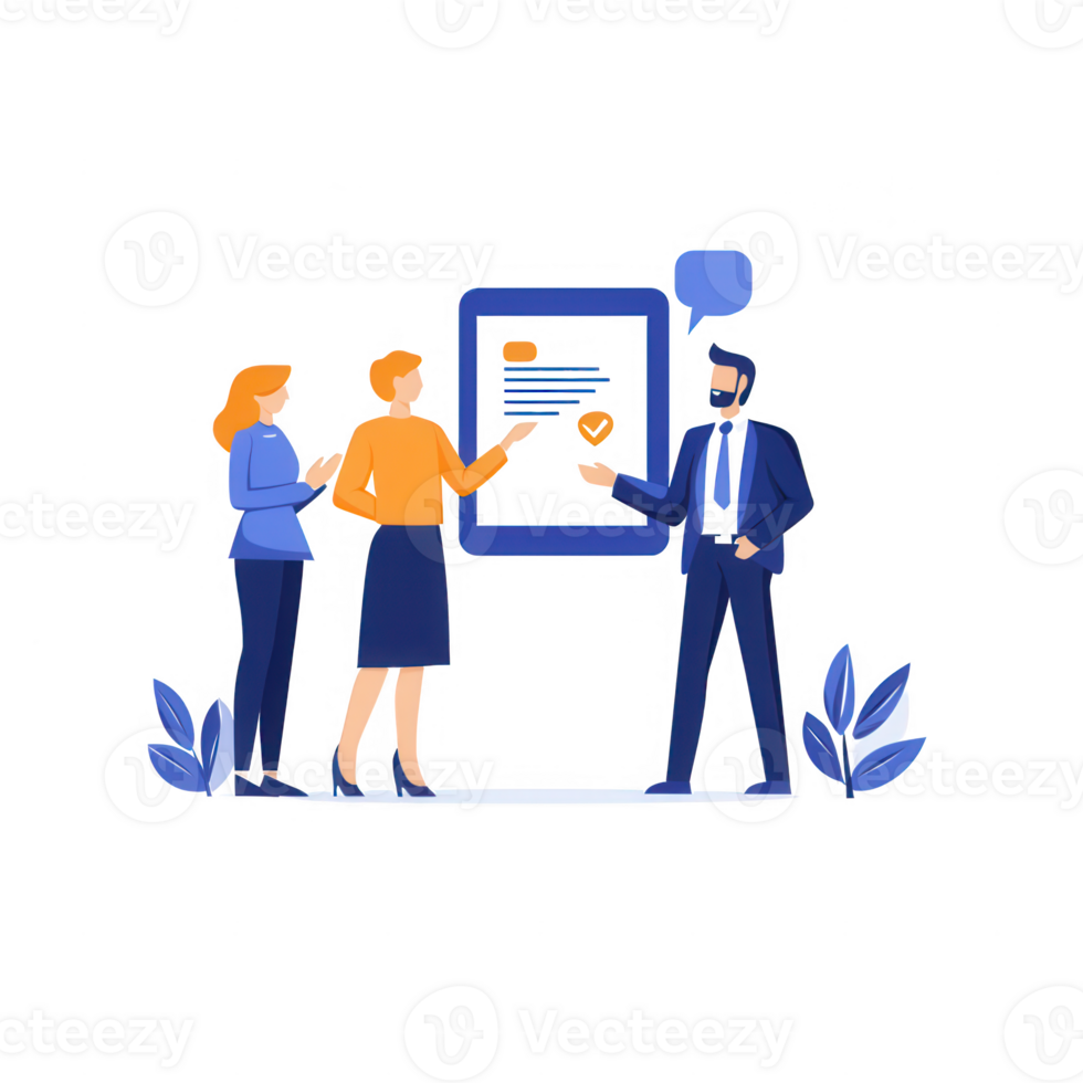 Illustration of a business meeting with professionals discussing ideas and strategies. png