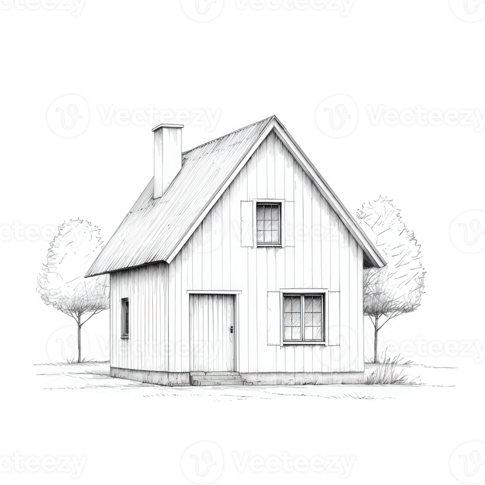 Illustration of a charming white house surrounded by trees in a tranquil setting. png