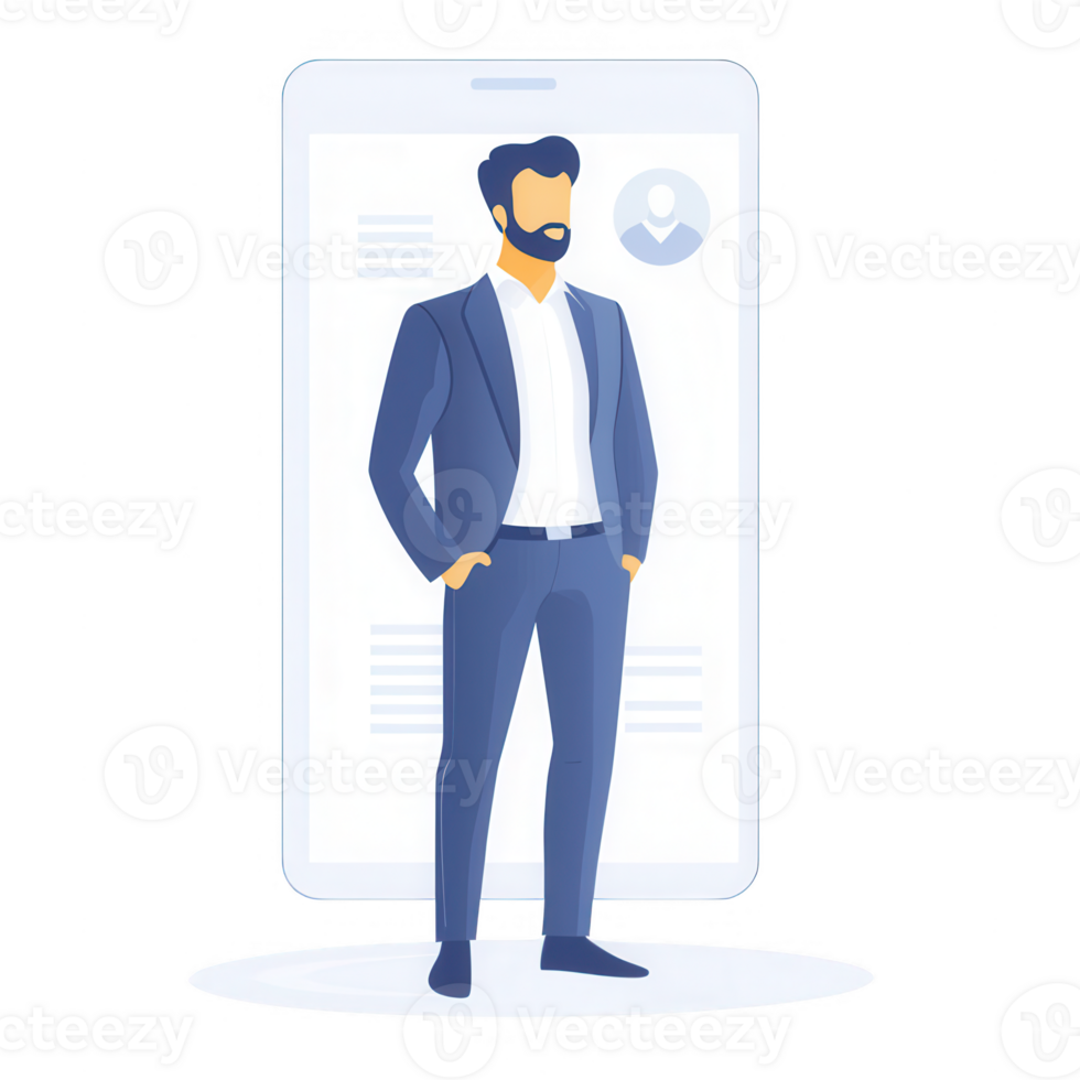 Professional man in a suit standing confidently near a smartphone interface. png