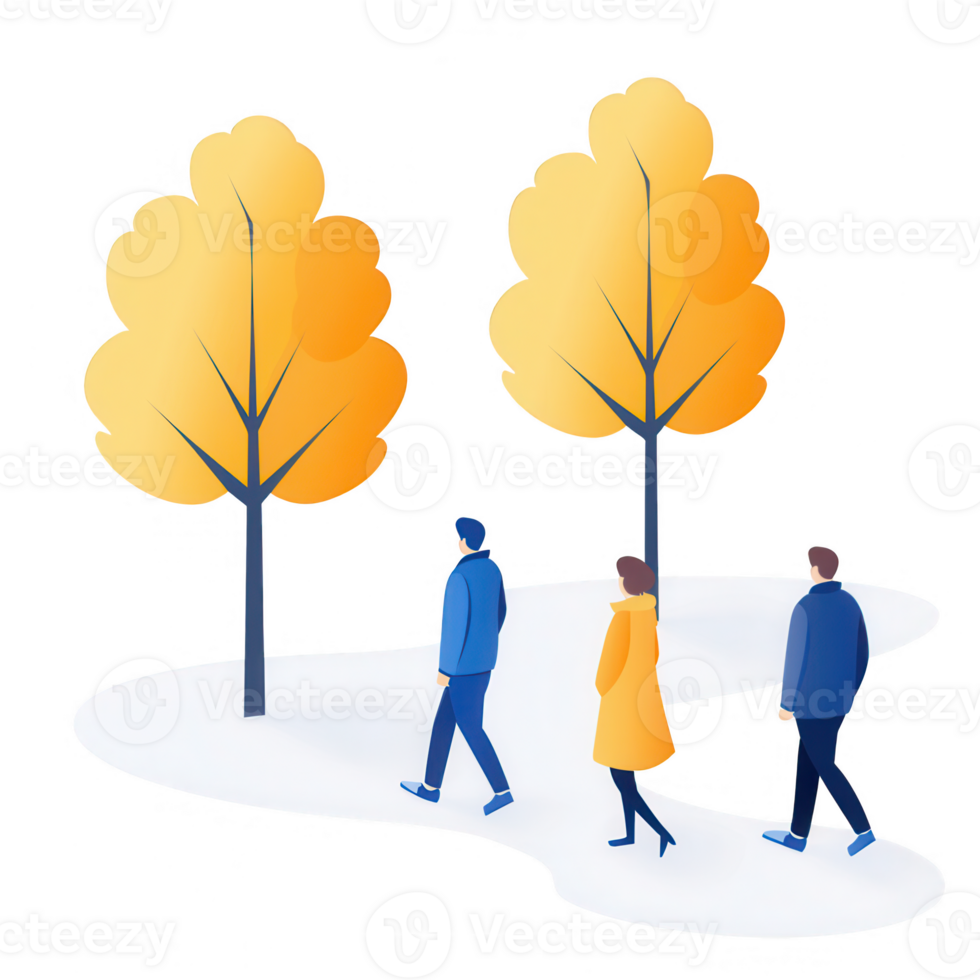 People walking through a snowy path surrounded by vibrant autumn trees. png