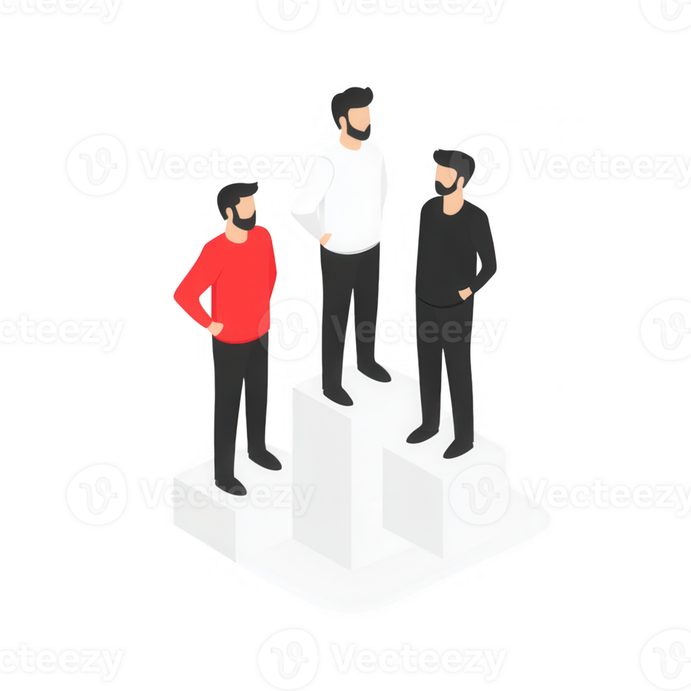 Three diverse individuals standing on blocks, symbolizing teamwork and achievement. png