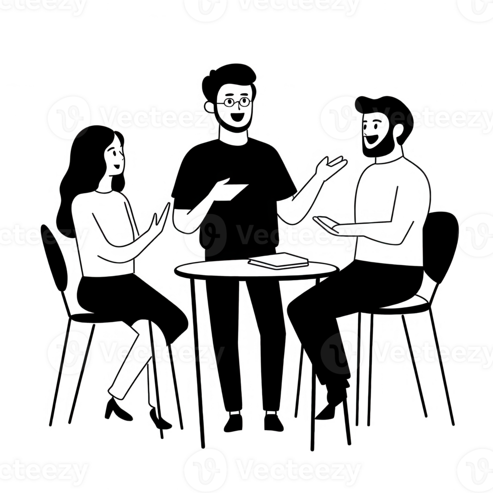 Three people engaged in a lively discussion around a table. png