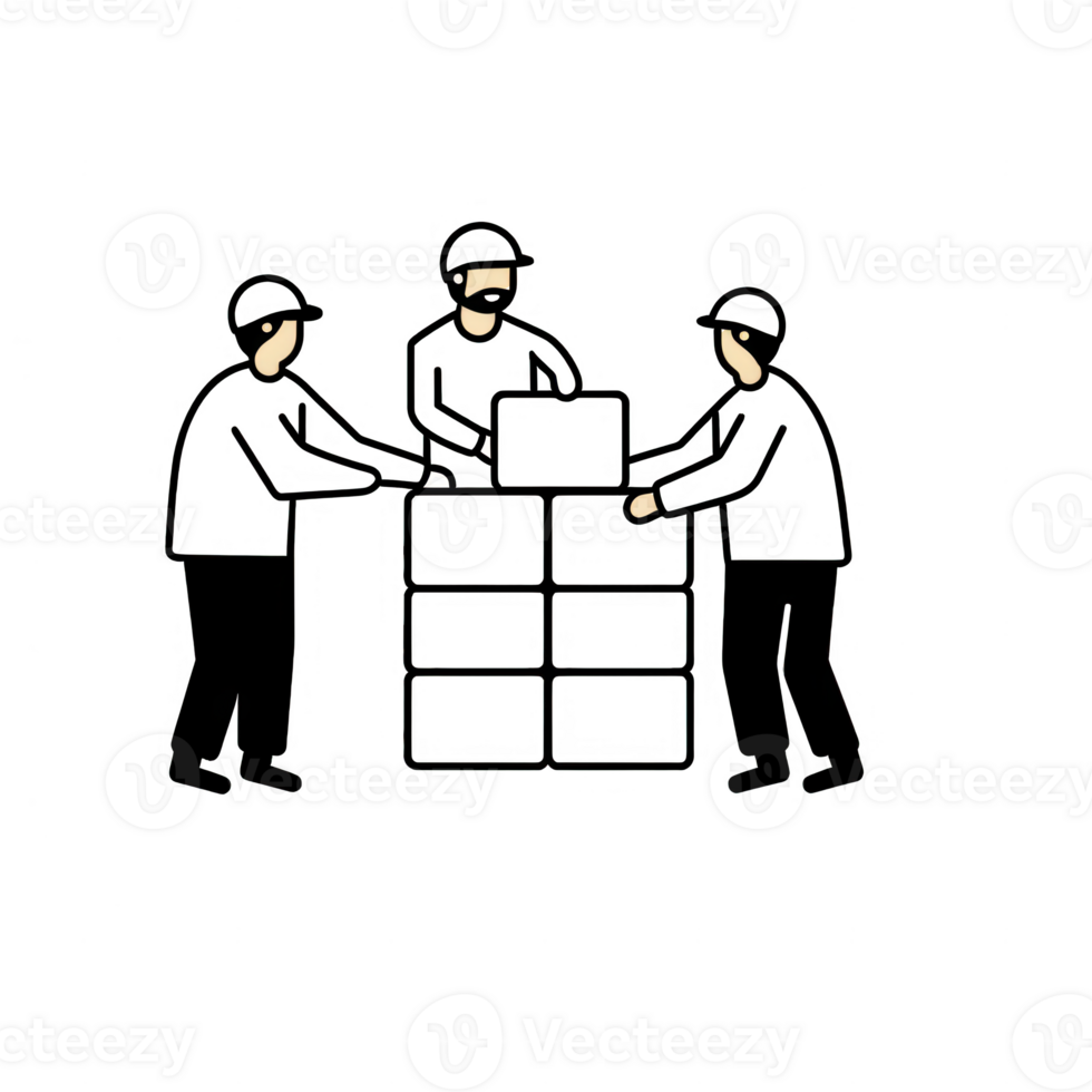 Three workers collaboratively handling boxes in a warehouse environment. png