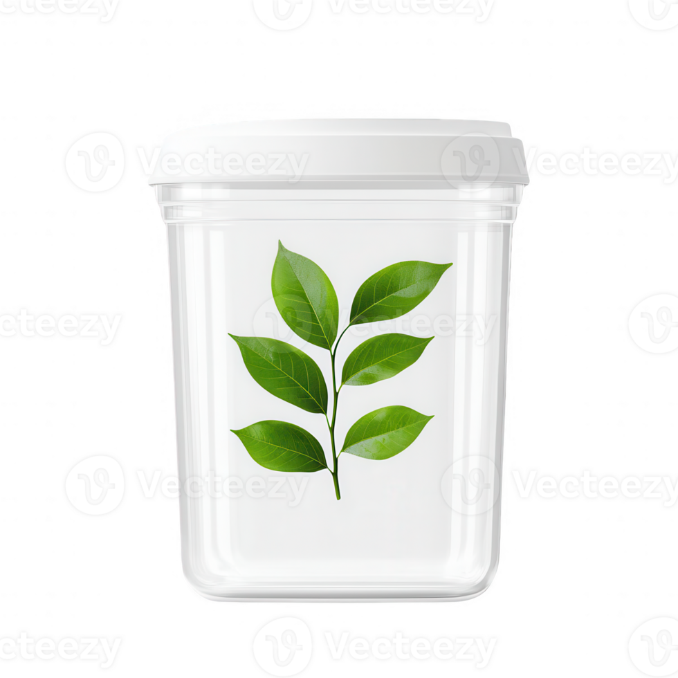 Transparent container with vibrant green leaves for fresh storage and decoration. png