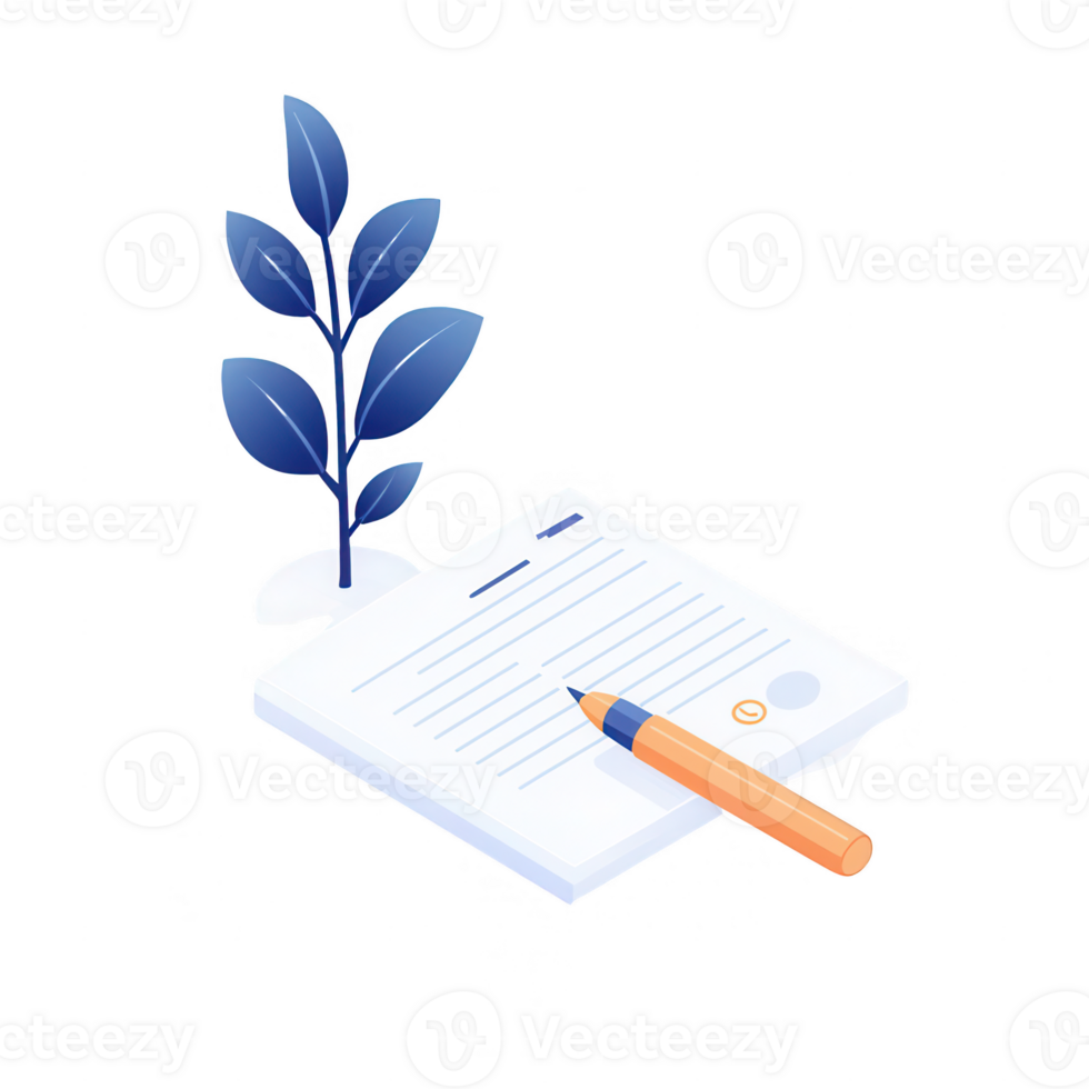 Stylish illustration of a notepad with a pen and a green plant for eco-friendly designs. png