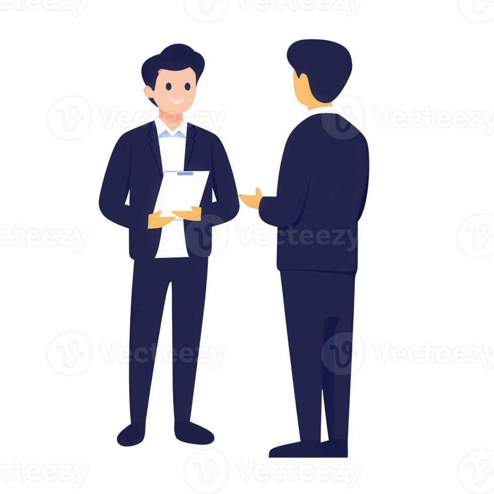 Two professionals engaged in a discussion and exchanging important documents. png