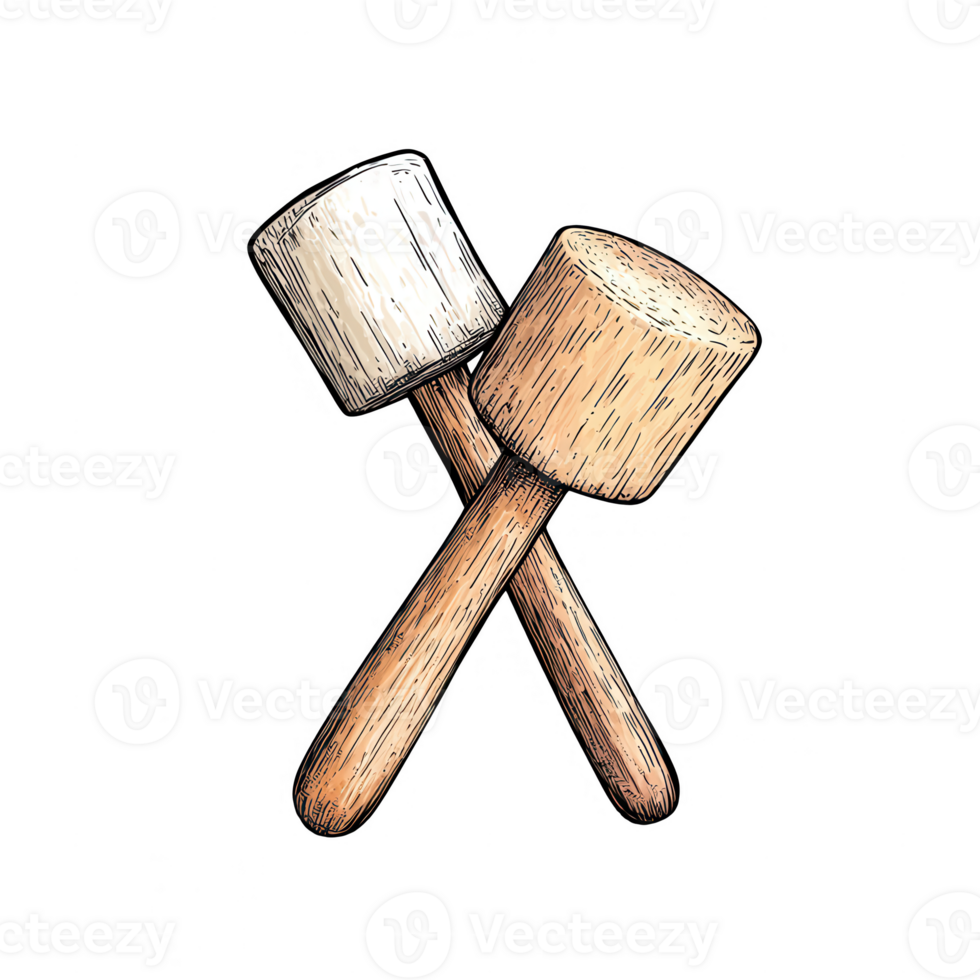 Two wooden mallets crossed, showcasing craftsmanship and leisure tools for various tasks. png