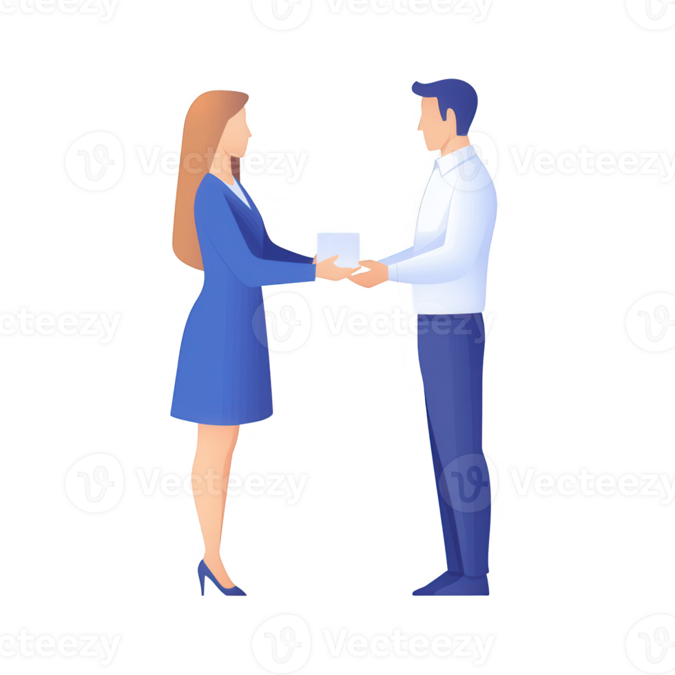 Two professionals exchanging a package, symbolizing collaboration and teamwork. png