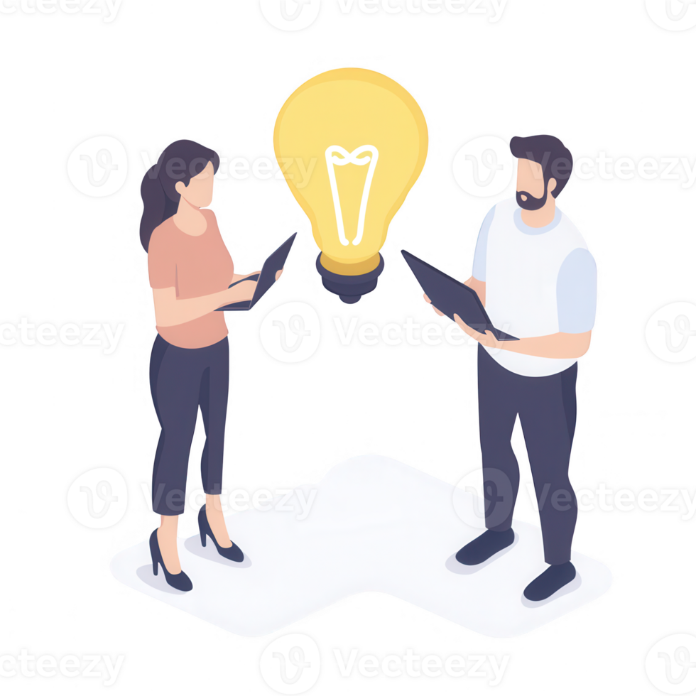 Two professionals collaborating on new ideas with digital devices and a lightbulb graphic. png