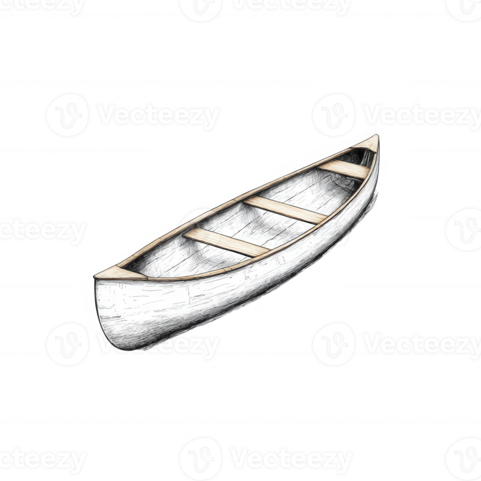 A detailed illustration of a wooden canoe ideal for serene lake adventures. png