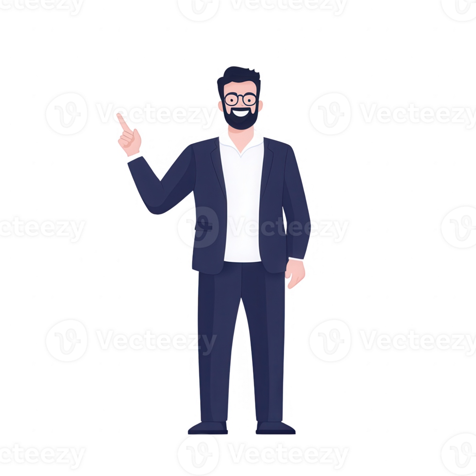 A confident businessman gesturing with a raised hand in a professional setting. png