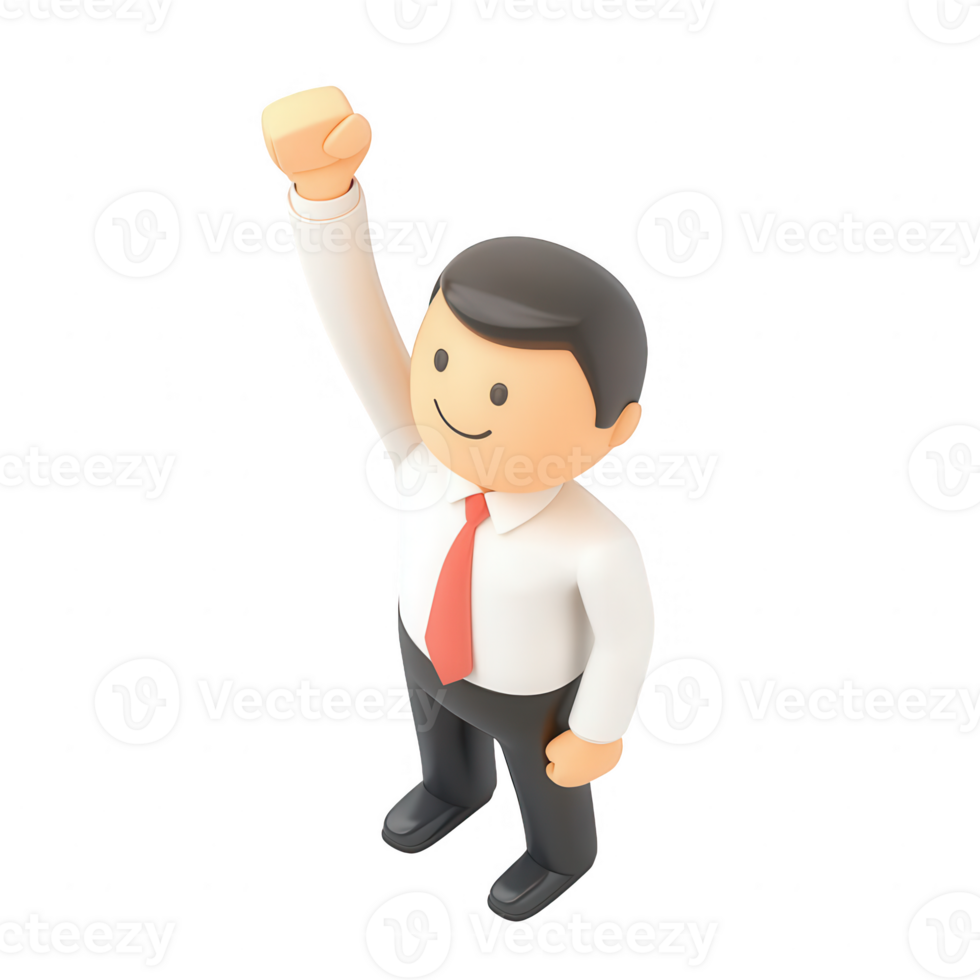 A cheerful businessman raising his fist in celebration, symbolizing success and motivation. png