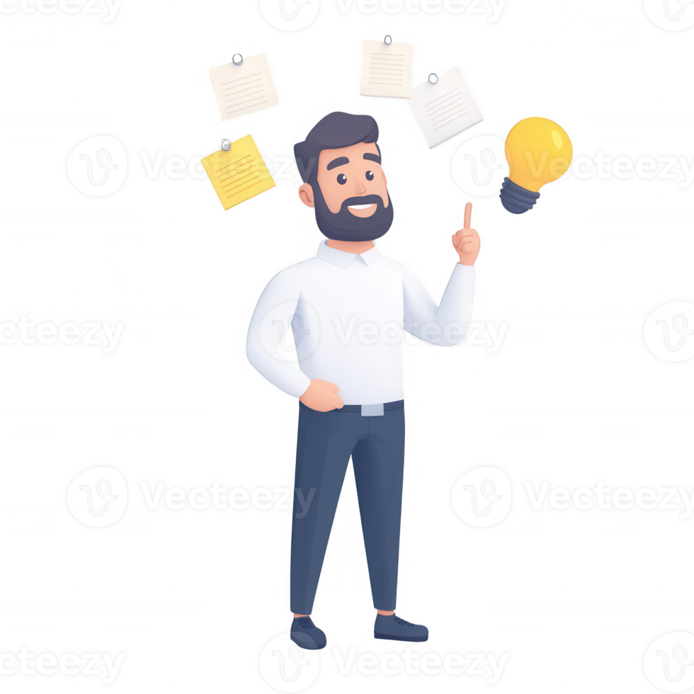 A creative man with ideas, represented by a light bulb and notes, showcasing innovation. png