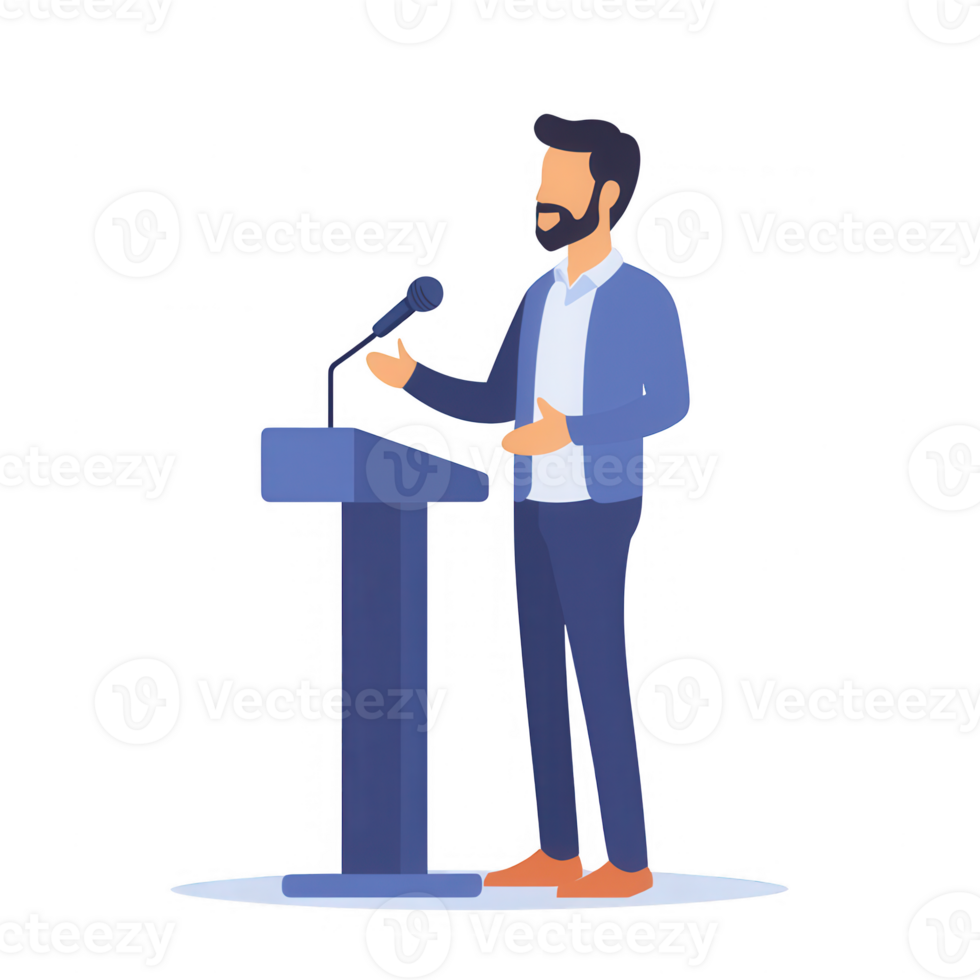 A confident man gives a speech at a podium, engaging the audience with his presentation. png