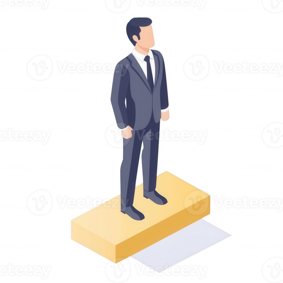 A businessman standing confidently on a podium, symbolizing leadership and success. png
