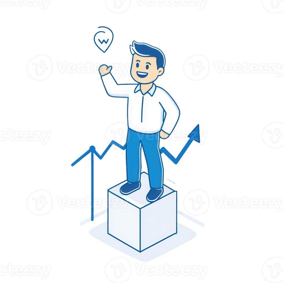 A confident businessman standing on a cube, representing growth and success. png