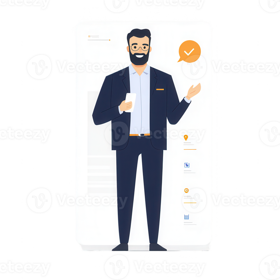 A confident businessman using a smartphone with a modern, engaging design. png
