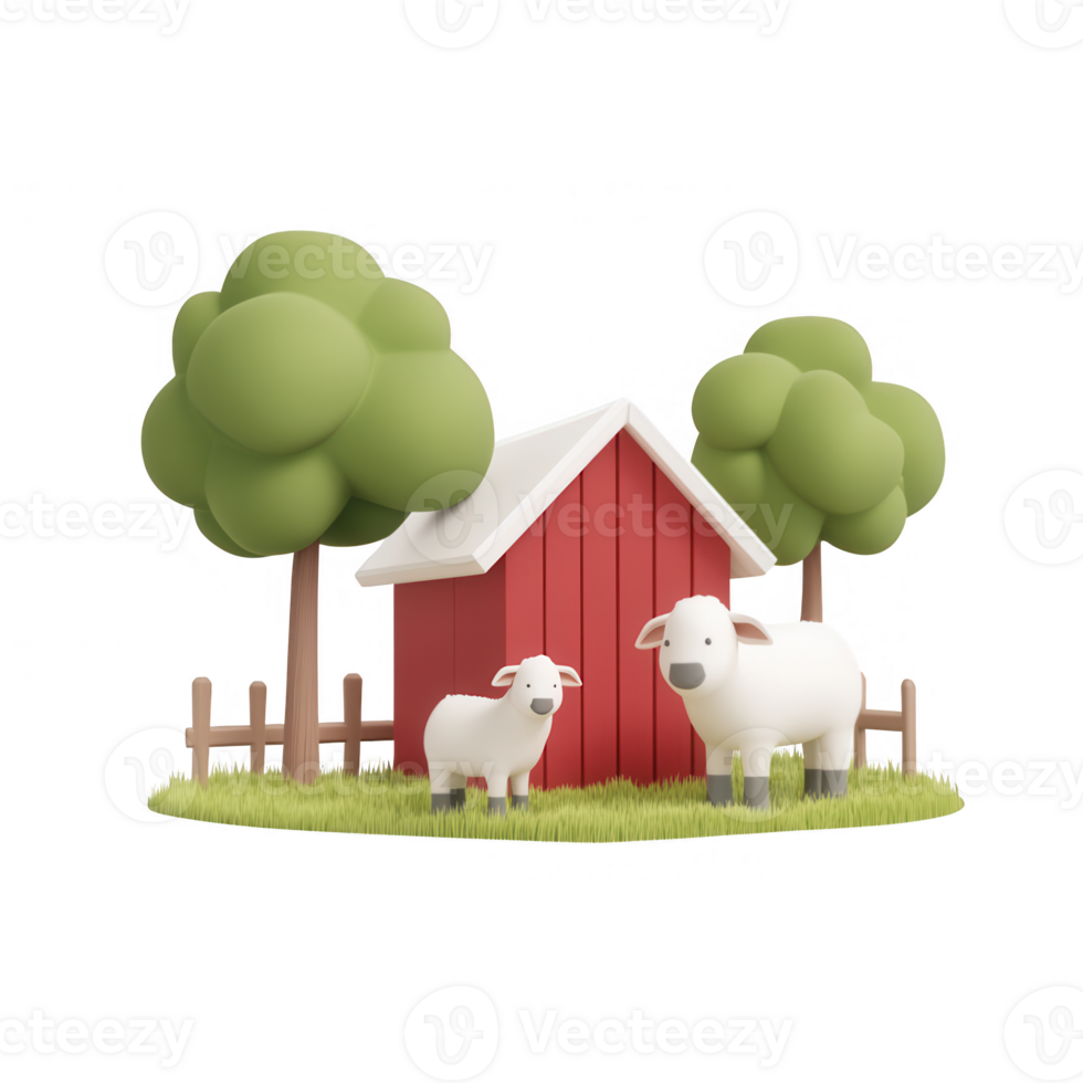 A cartoon-style farm scene with sheep, trees, and a cozy red barn. png