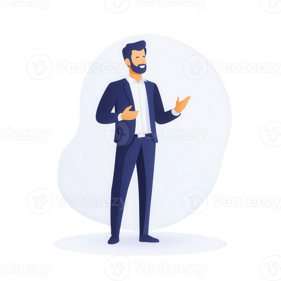 A confident man in a suit presenting ideas with enthusiasm. png