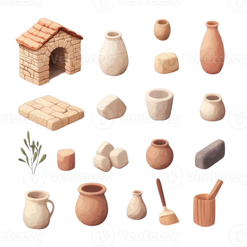A collection of ancient pottery and a small stone house, showcasing traditional craftsmanship. png