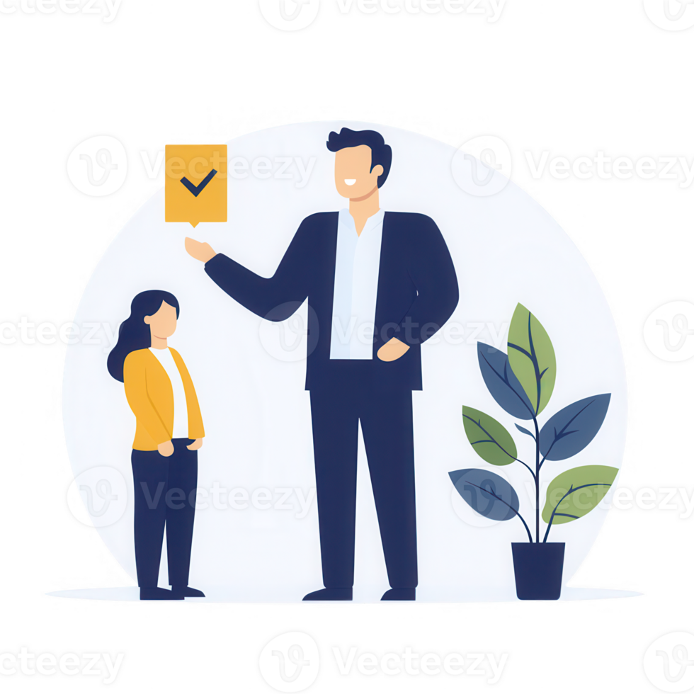 A business professional teaching a child about decision-making with a checklist. png