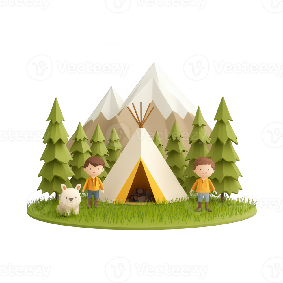A cartoon scene featuring campers and nature, with mountains and a tent. png