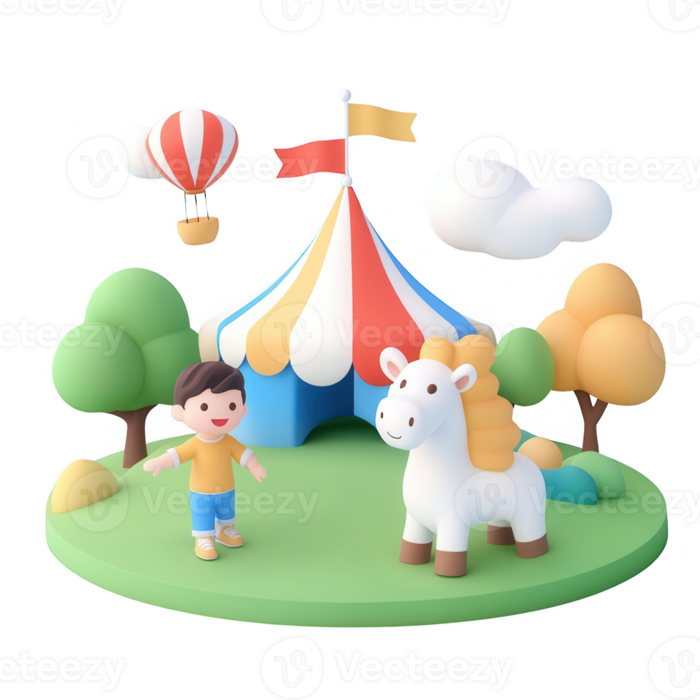A cheerful child interacting with a cute unicorn at a vibrant carnival setting. png
