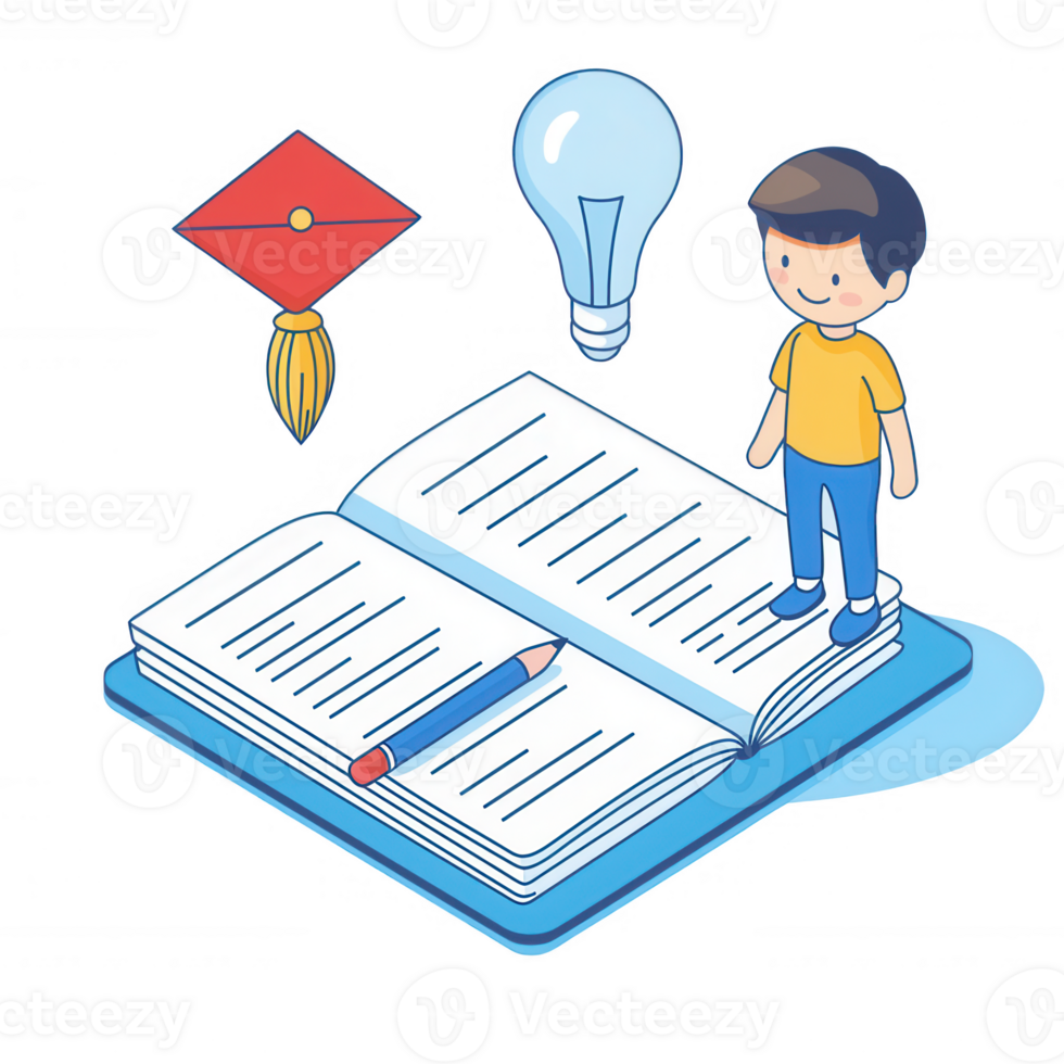 A boy stands on a book surrounded by graduation cap and light bulb symbols. png