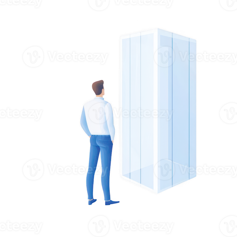 A man observing a modern, transparent display in a professional setting. png