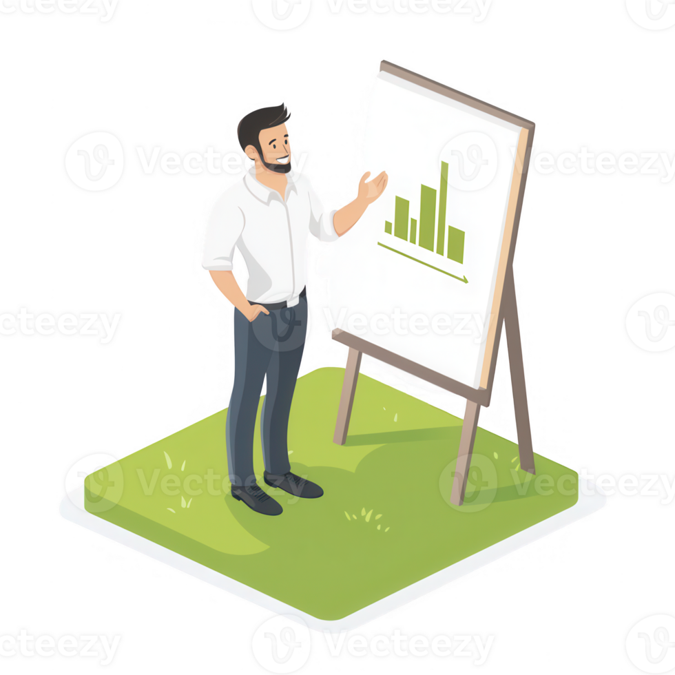A man presenting a growth chart on an easel, demonstrating financial concepts. png