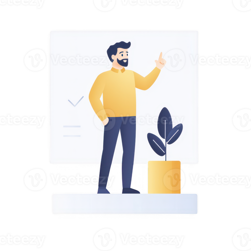 A man presenting ideas with a smile, surrounded by a modern workspace and greenery. png
