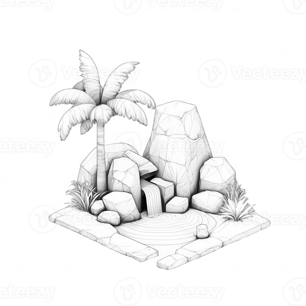 A serene illustration of rocks and a palm tree with a gentle waterfall in a peaceful setting. png