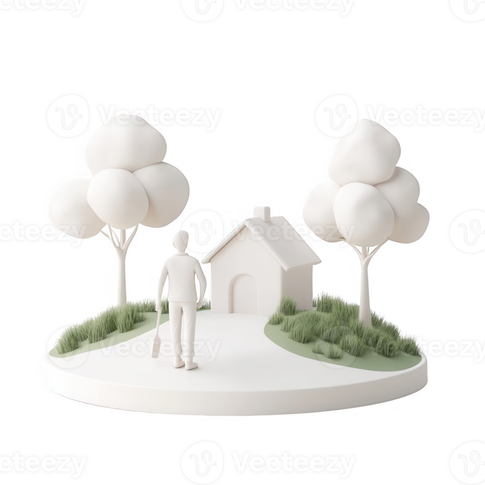 A serene landscape with a minimalist house and trees inviting tranquility. png