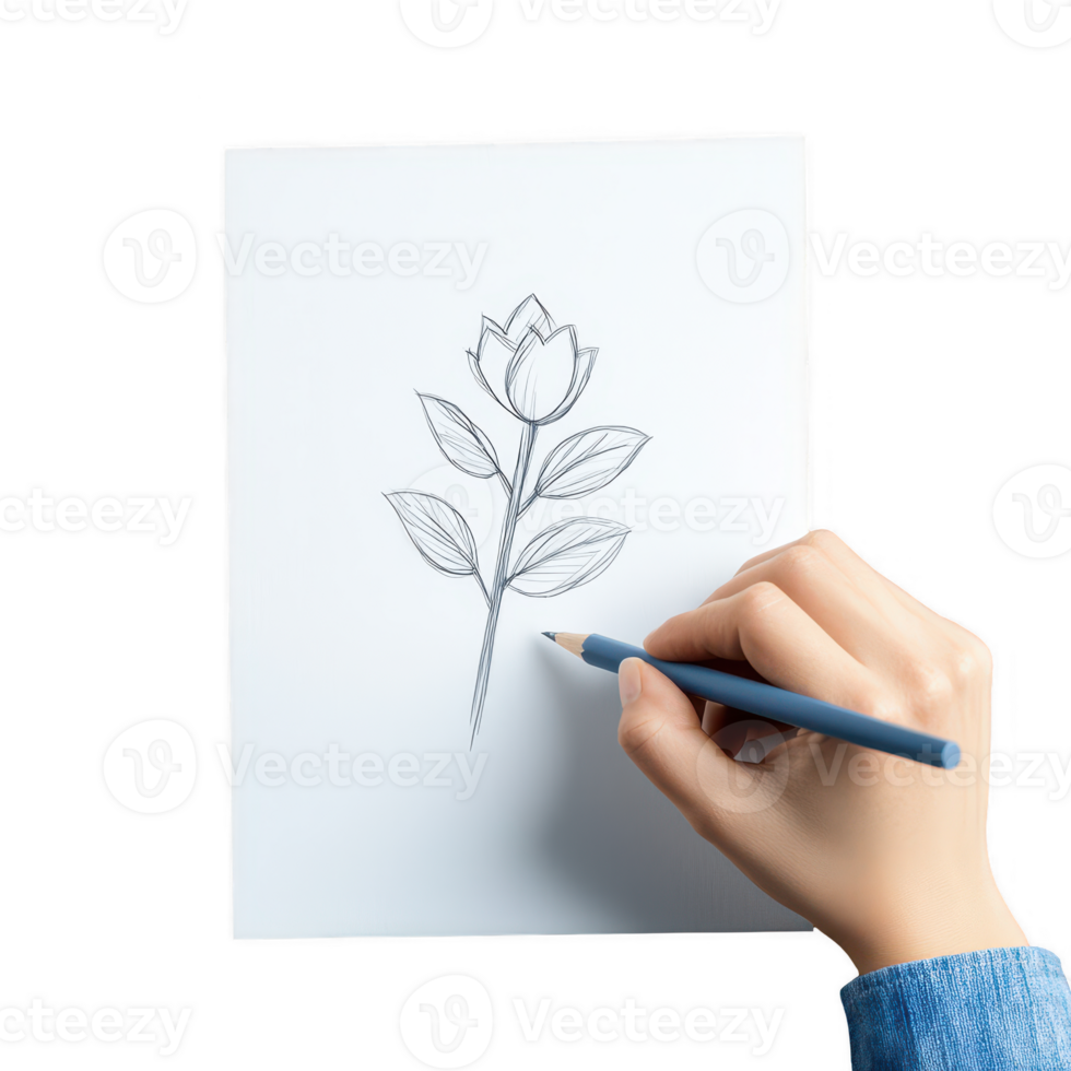 A hand sketching a flower design on a blank sheet of paper with a colored pencil. png