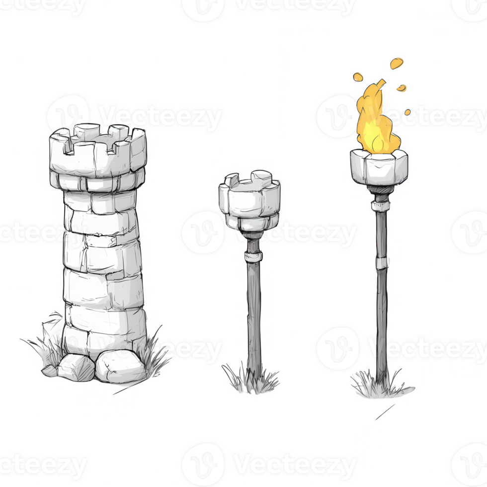 A hand-drawn illustration of a stone tower and torches with flames. png