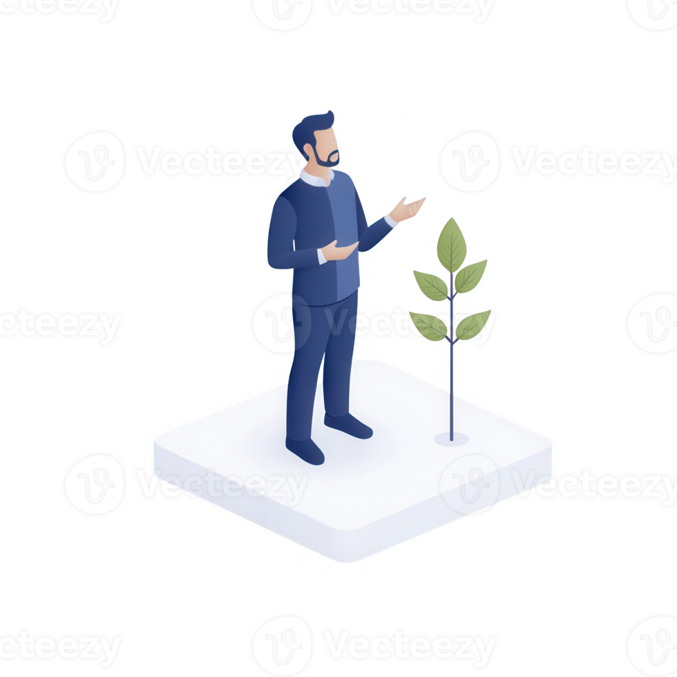 A man stands beside a small plant, symbolizing growth and environmental awareness. png