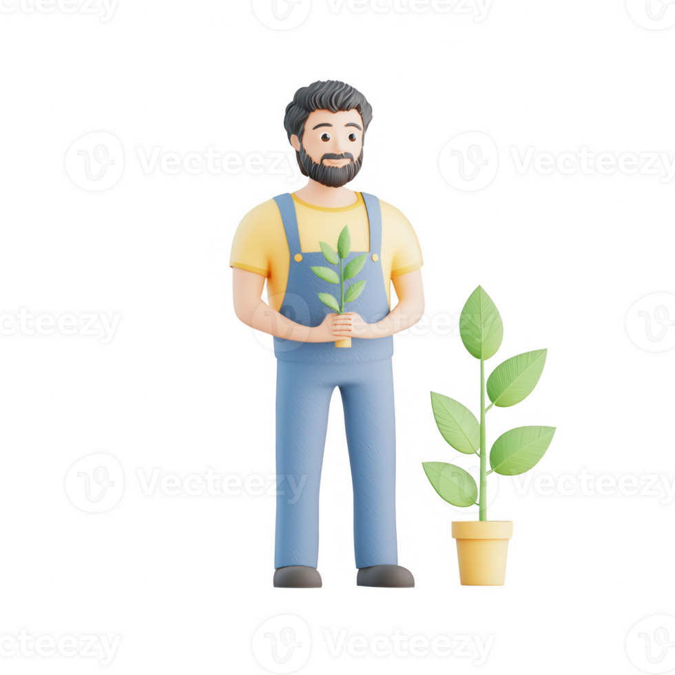 A man caring for a plant, symbolizing growth and environmental stewardship. png