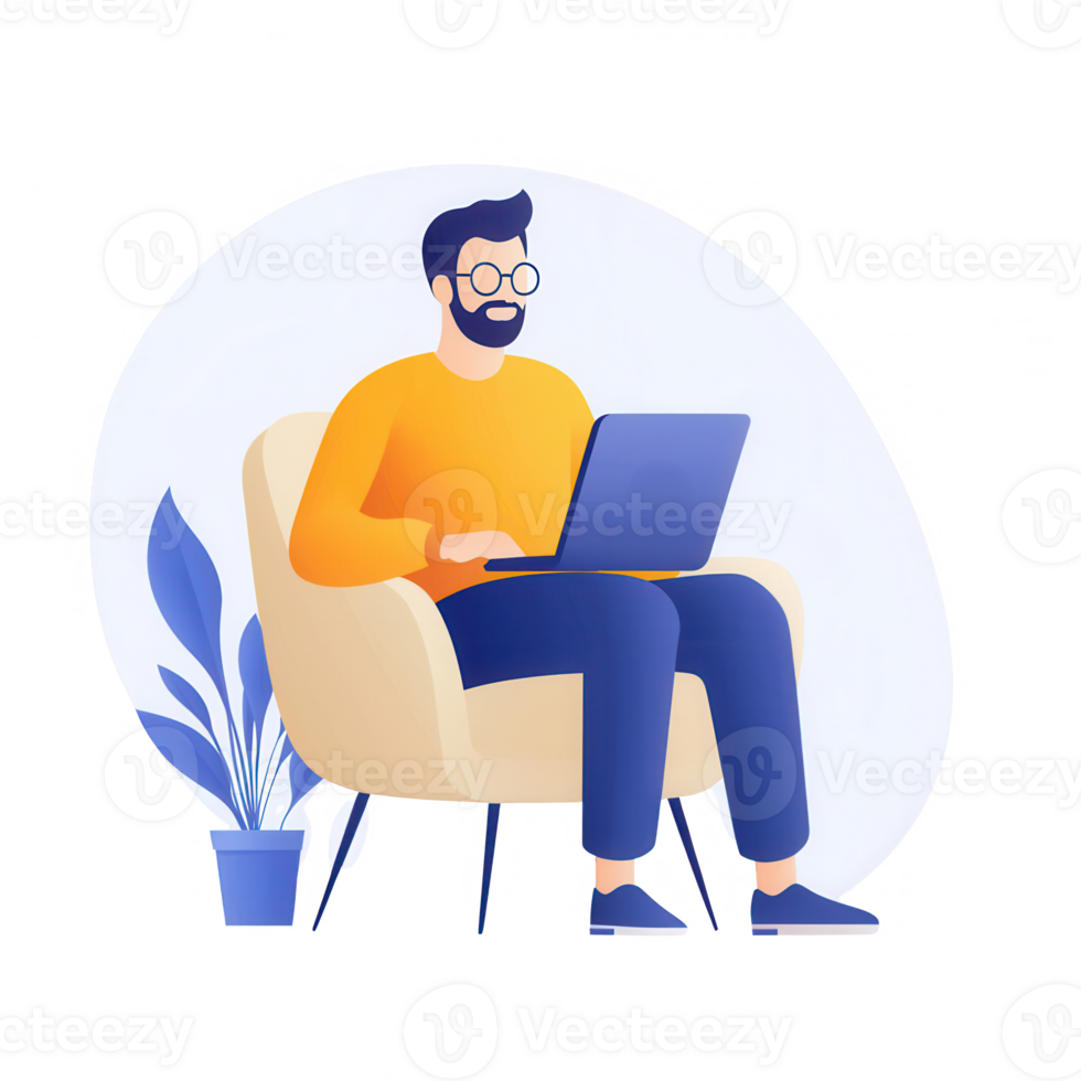 A man working on a laptop while seated comfortably in an armchair at home. png