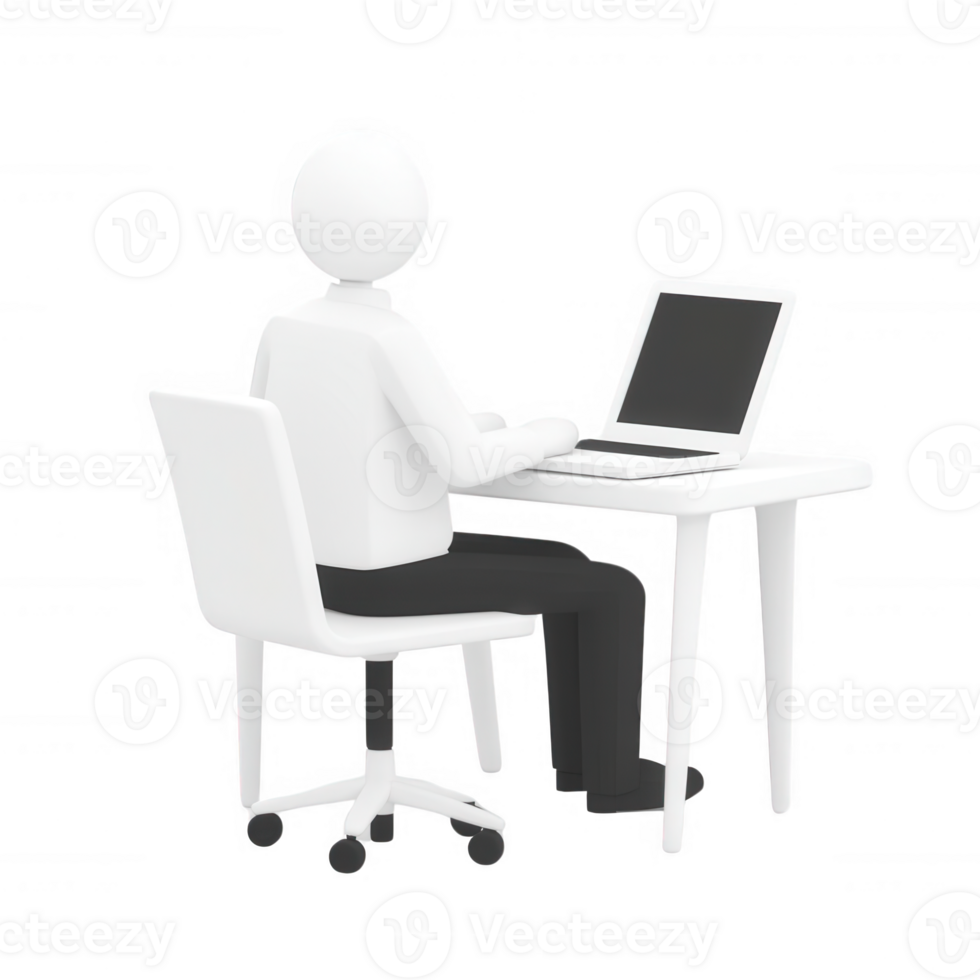 A minimalist figure working on a laptop at a desk, symbolizing remote work culture. png
