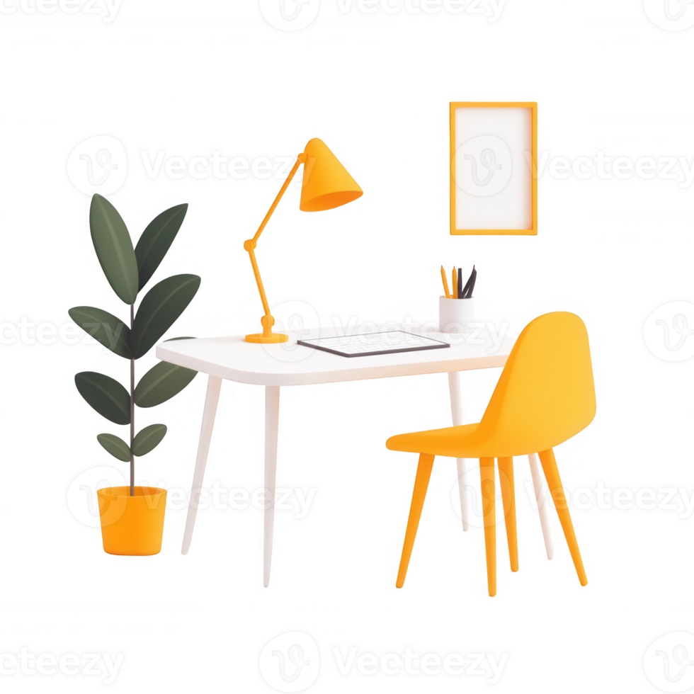 A minimalist workspace featuring a bright yellow desk and modern decor. png