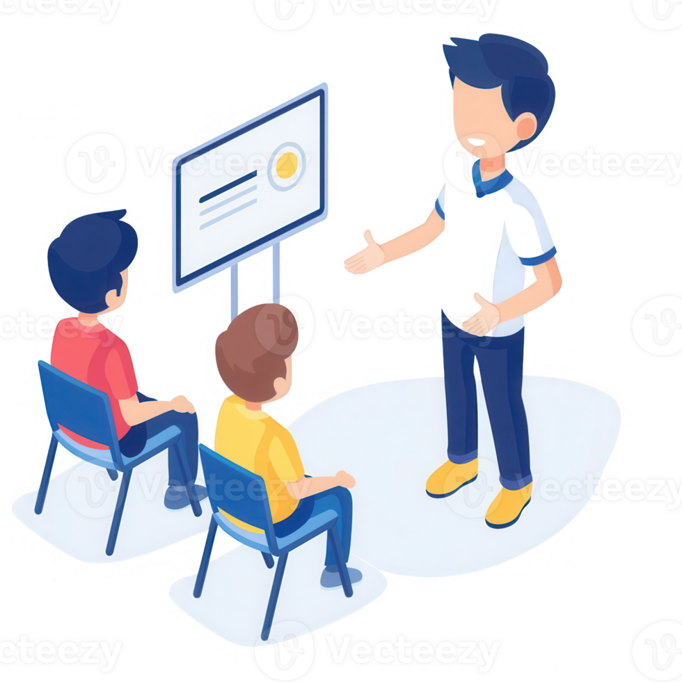 A presenter training two individuals in a professional setting. png