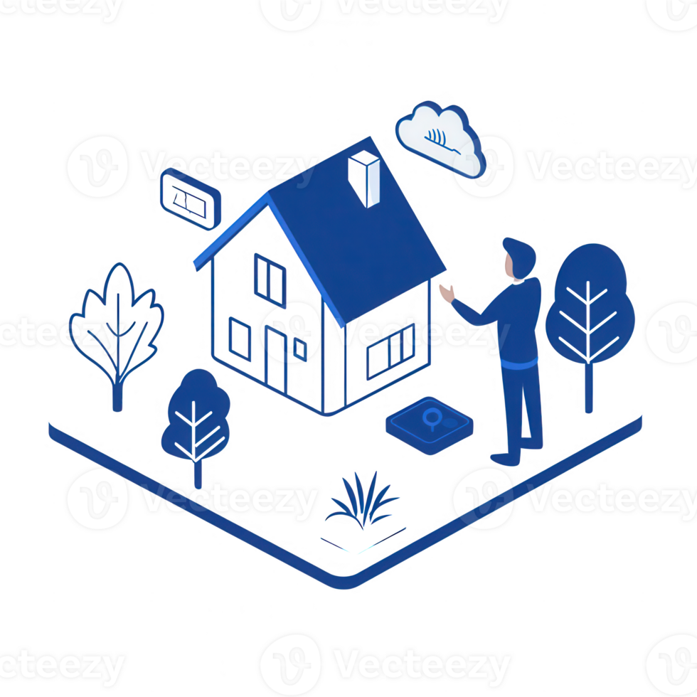 A person interacting with a smart house design surrounded by trees and elements of nature. png
