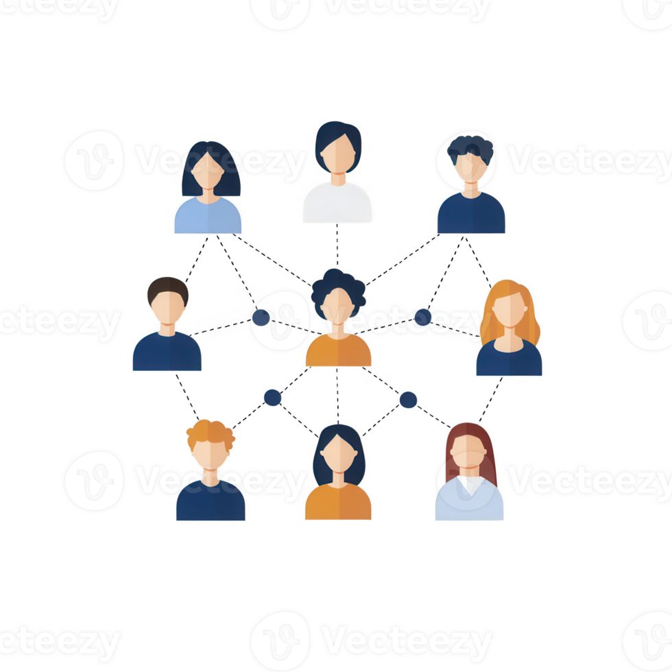 A network of diverse people illustrating collaboration and teamwork in a digital landscape. png