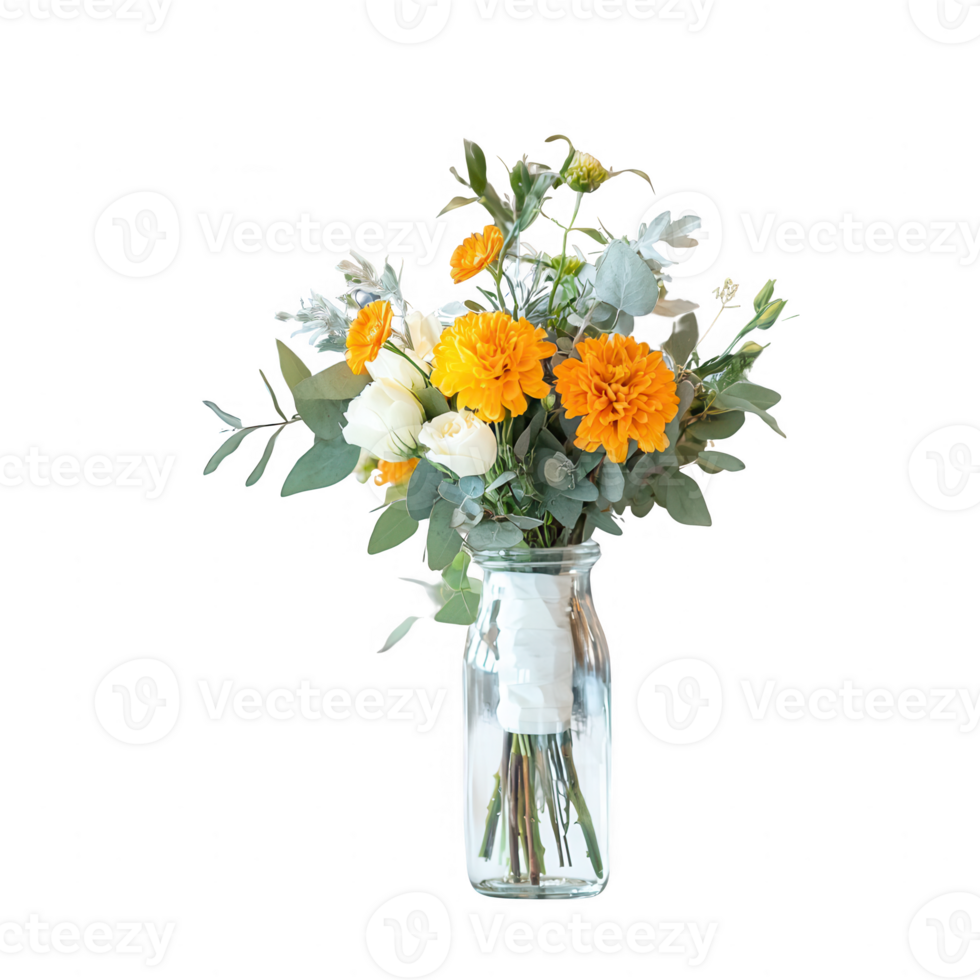 A vibrant bouquet of mixed flowers in a clear glass vase. png