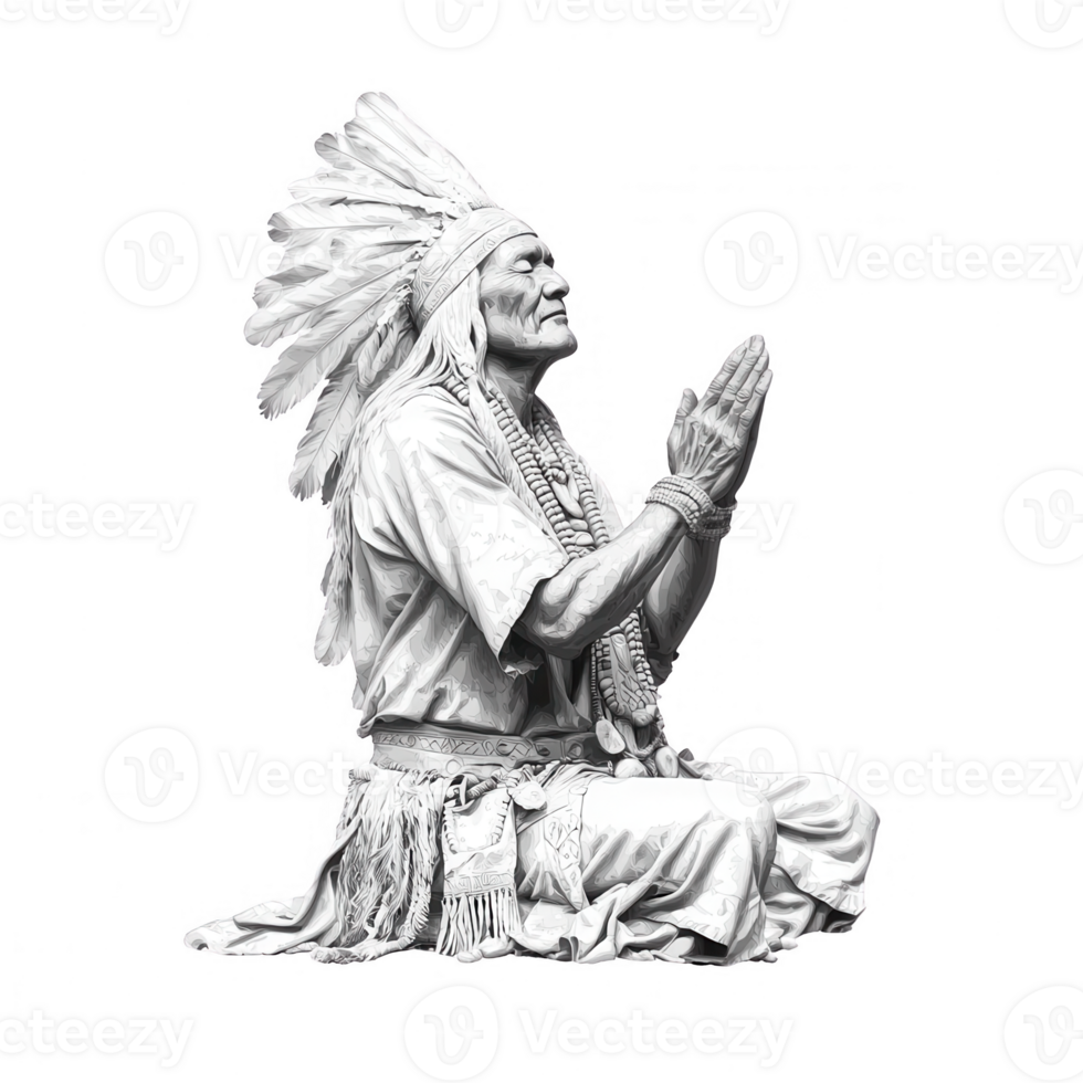 A statue of a Native American chief in a prayerful pose, symbolizing tradition. png