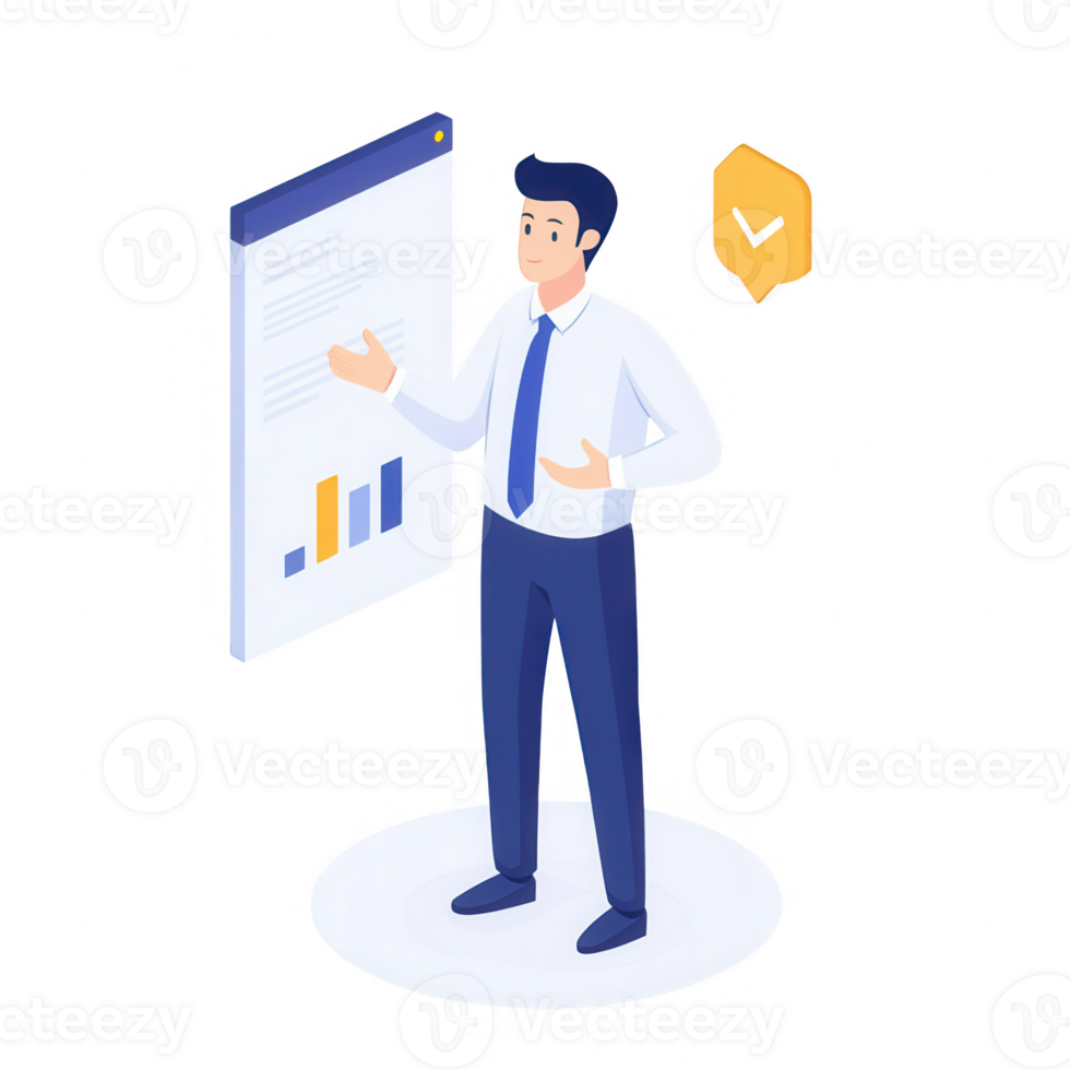 Businessman presenting data analysis with charts and infographics for decision making. png