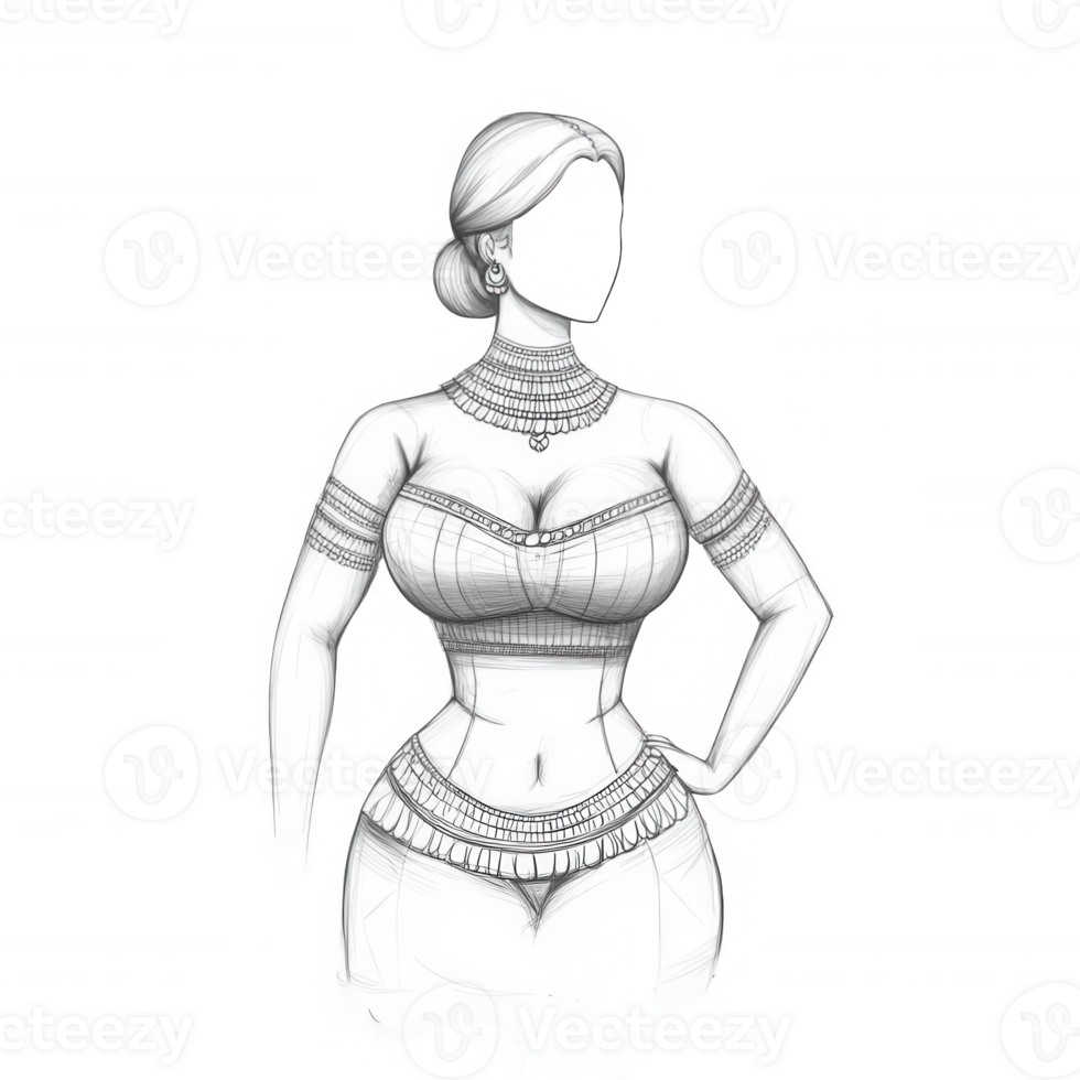 Beautiful sketch of a woman in traditional attire, showcasing elegance and culture. png