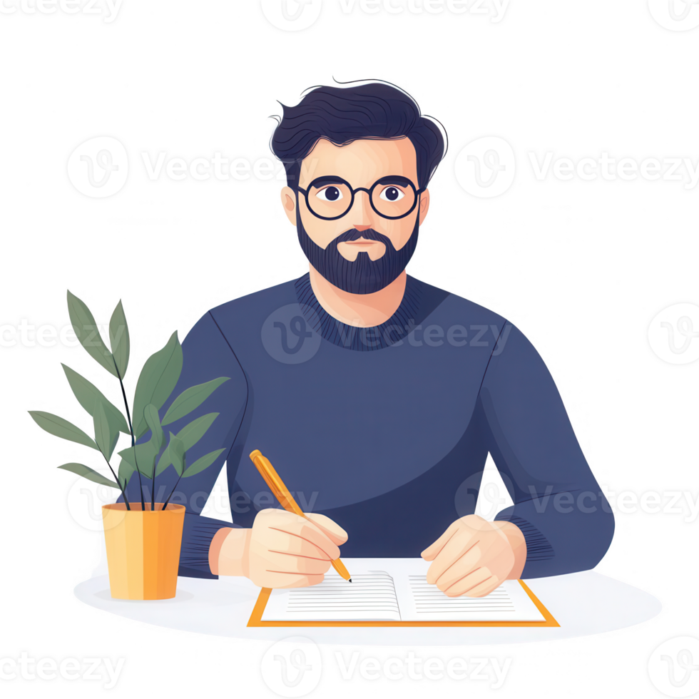 A young man working diligently at a desk with a plant and notepad. png