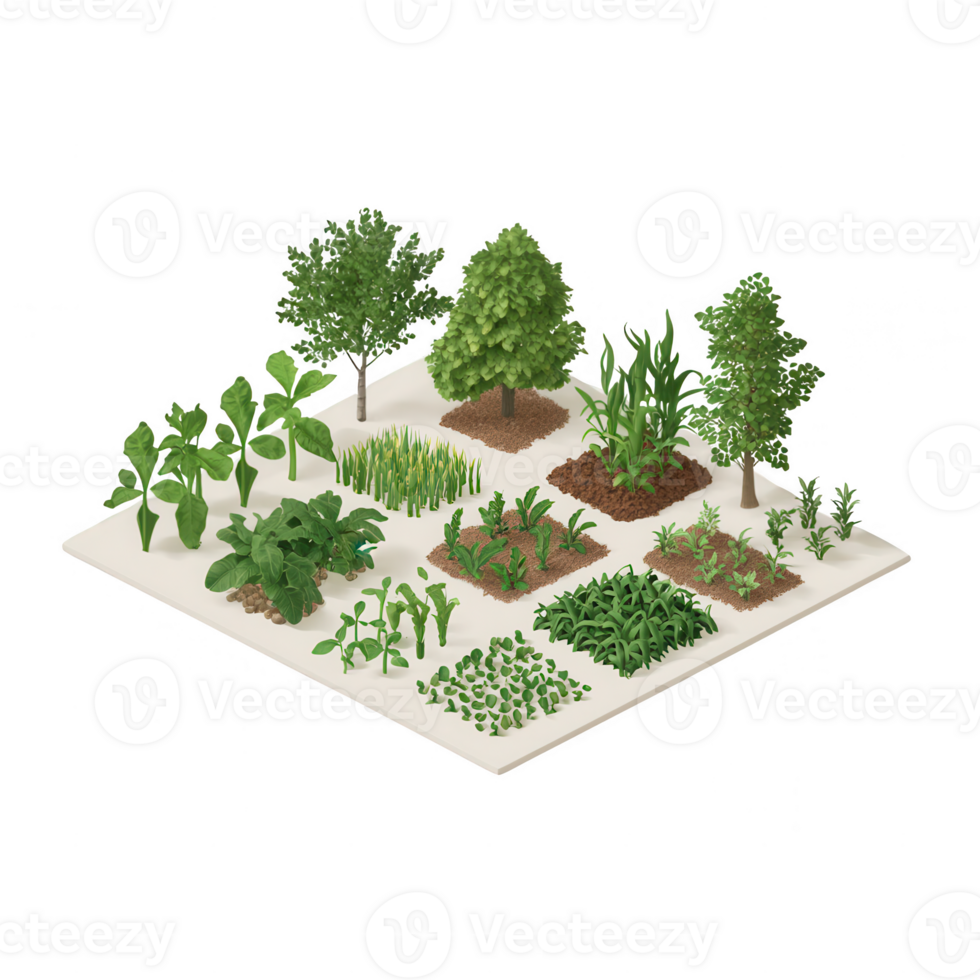 A vibrant garden layout featuring various plants and vegetables in organized sections. png